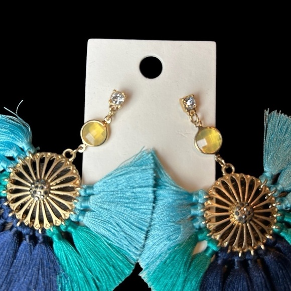 Statement Earrings From Express Boho Tropical Bold Gold & Shades of Blue Fringe - Picture 6 of 13